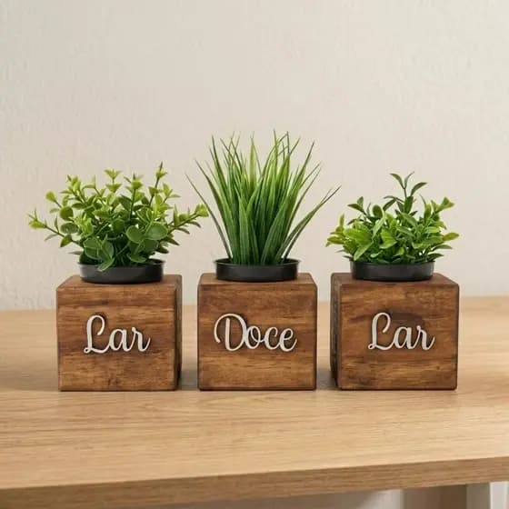 Vasinhos De Madeira C Planta Artificial Kit 3 Decoração Casa