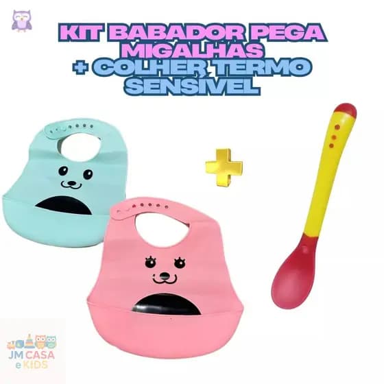 Kit Alimentação Bebê Babador Silicone Pega Migalhas + Colher Termossensível