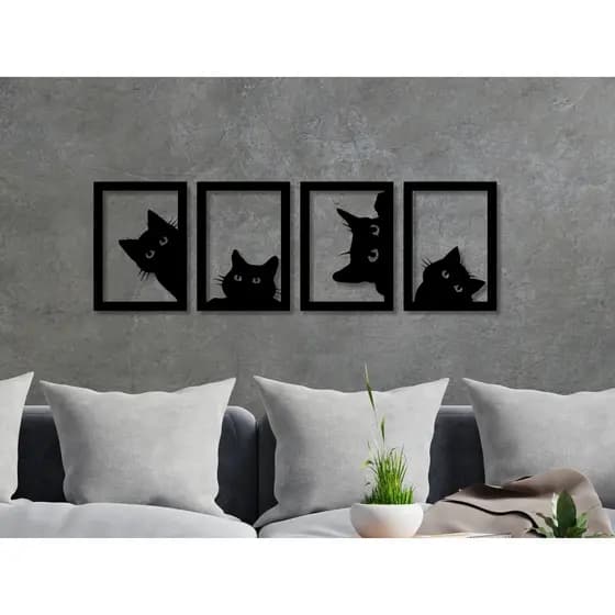 Kit 4 Quadro Decorativo Gatos Vazado Sala Quarto Aplique De Parede