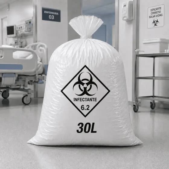 100un Saco de Lixo Hospitalar Infectante Branco 30 Litros Medida 50X60 Para Clinicas Consultórios Tatuador