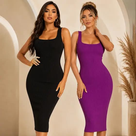 Vestido Feminino Colado Midi Tubinho Canelado Decote Modinha Blogueira Tendência