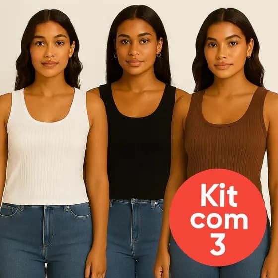 Kit 3 Regatas Femininas Caneladas Básicas – Blusa Justa Algodão Estilo Cropped Casual Confortável