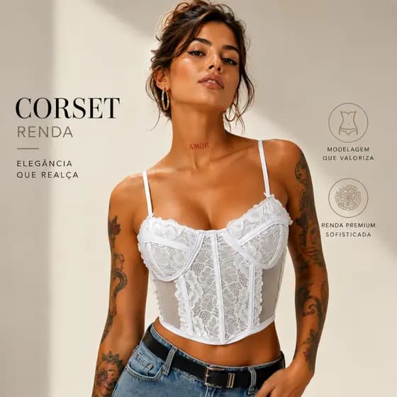 Corset Feminino Rendado Premium Com Amarração Ajustável Modelador