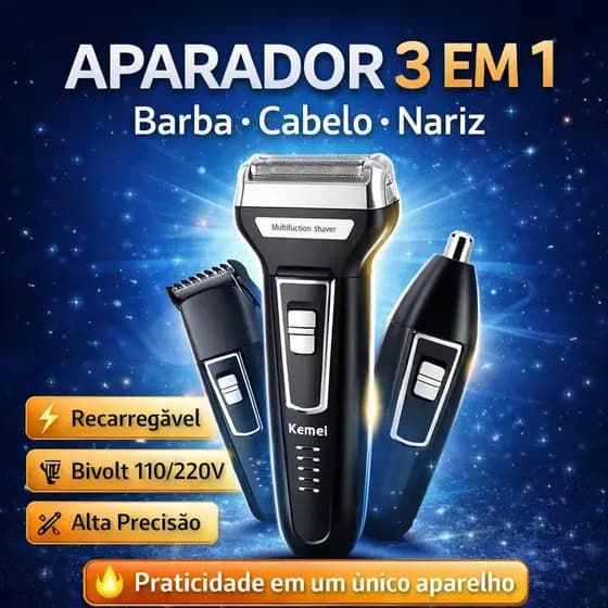 Aparador de Barba Kemei KM6558 3 em 1 Barbeador Elétrico Recarregável Bivolt Nariz Cabelo