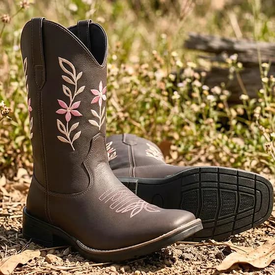 Bota Feminina Country Bico Quadrado Bordado Bota Barretão