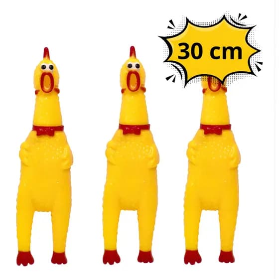kit com 3 Galinha de Borracha Que Grita Brinquedo Pet Cães e Antiestresse - Tam. M (30cm