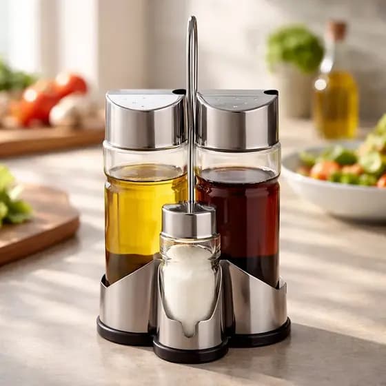 Galheteiro De Mesa Porta Azeite Vinagre Saleiro Paliteiro Pimenta de Vidro Com Suporte 4 Peças