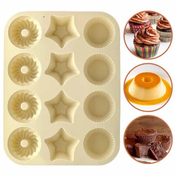 Forma De Silicone Assadeira Antiaderente Com 12 Cavidades 3 Em 1 Mini Pudim Bolinhos Branco