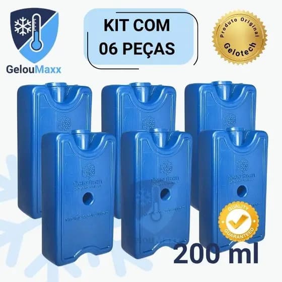Kit 6 Gelo em Gel Artificial Reutilizável Rígido 200ml - Original Gelotech p/ Bolsa Térmica Cooler