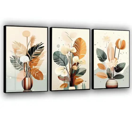 Kit 3 Quadros Decorativos Natureza Flores Jarros com Folhagem Bege Folhas Verdes
