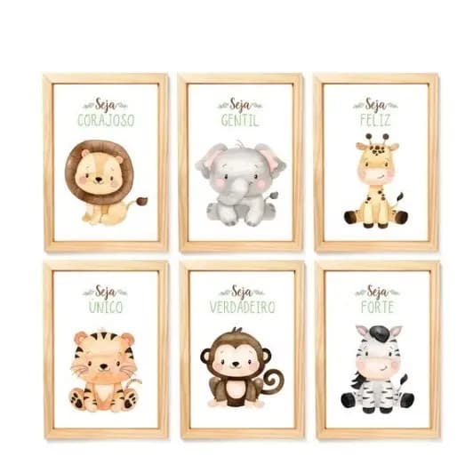 Kit 6 Pecas Quadros Decorativos Safari Animais Beje Quarto Menina Menina Bebe