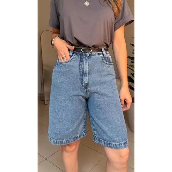 Short Jeans Bermuda sem lycra ate joelho simples casual cintura alto Moda Street Tecido Algodão Premium