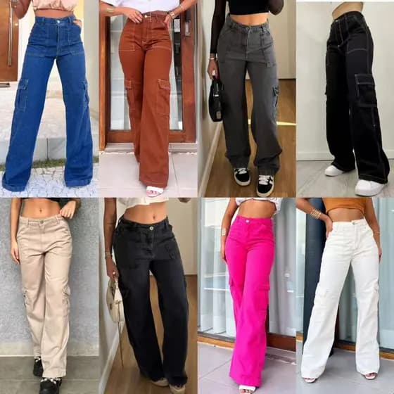 Calça Jeans Calça Cargo wide leg Feminina Moda Street Tecido Algodão Premium