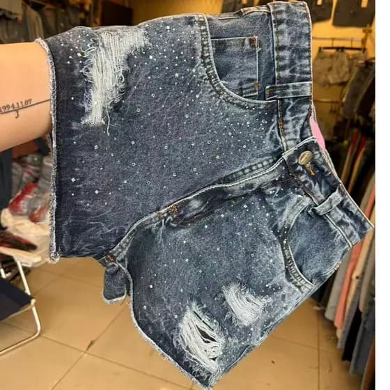 Shorts Jeans Mom Feminino short rasgada Cintura Alta Com brilho Confortável Qualidade premium Elegante Casual