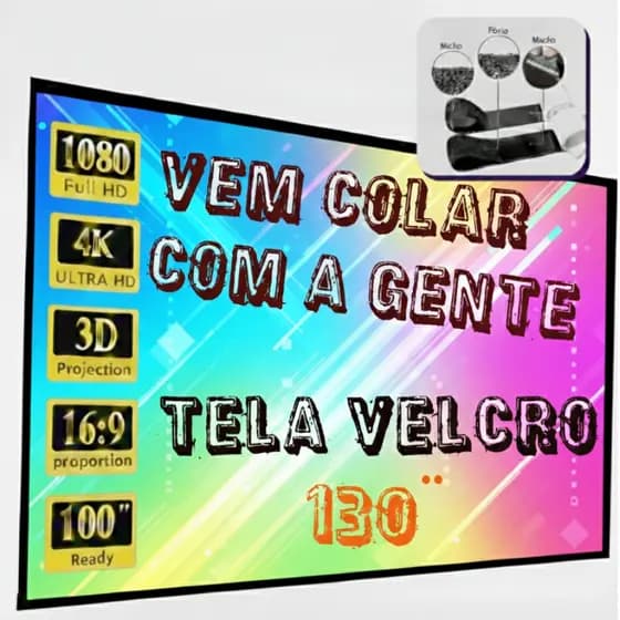 Tela De Projeção Projetor 130 Velcro Borda Cinza HD 4K FULL Profissional Dobrável Ideal Projetores