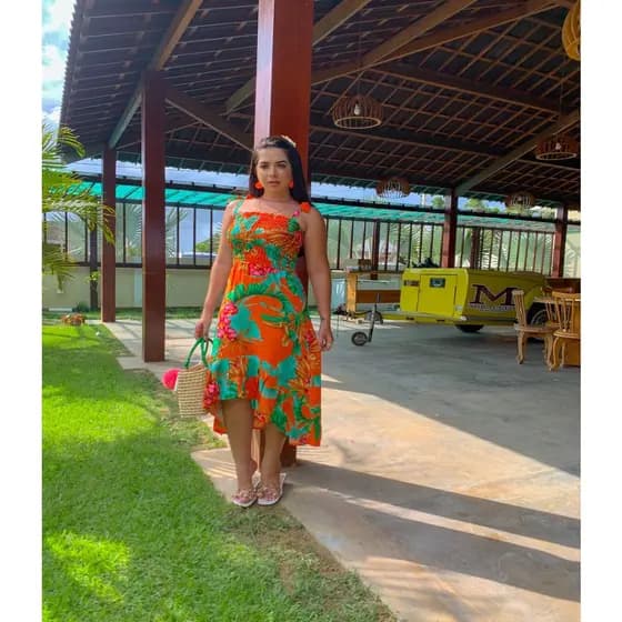 Vestido Feminino Mullet Longo Atrás E Curto Na Frente Detalhe Lastex Soltinho Florido