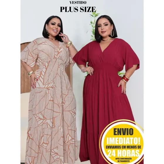 Vestido Feminino Plus Size Longo com Decote V – Elegância e Conforto