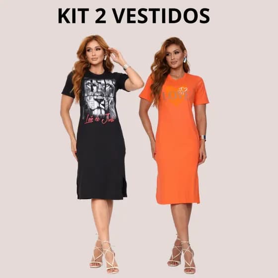 Kit 2 Vestidos Malha Algodão Midi Fenda Lateral Fresquinho Versátil Moda Casual Jovem