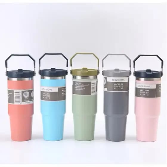 Garrafa Térmica 600ML Com Alça Flip Tumbl Aço Inoxidável Isolamento Térmico Com Canudo P/Academia Trabalho Caminhada