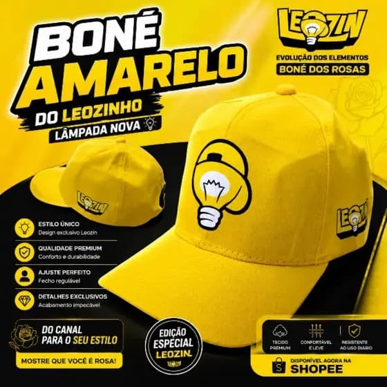 Boné Amarelo BONÉ AMARELO do Leozinho LÂMPADA NOVA Evolução dos elementos boné dos rosas Leozin