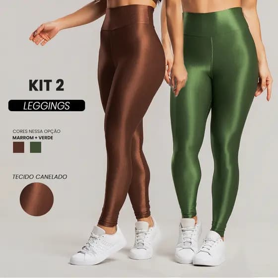 Kit 2 Calças Legging Fitness Feminina – Cós Alto Trilobal Canelada Cintura Alta Brilho Academia