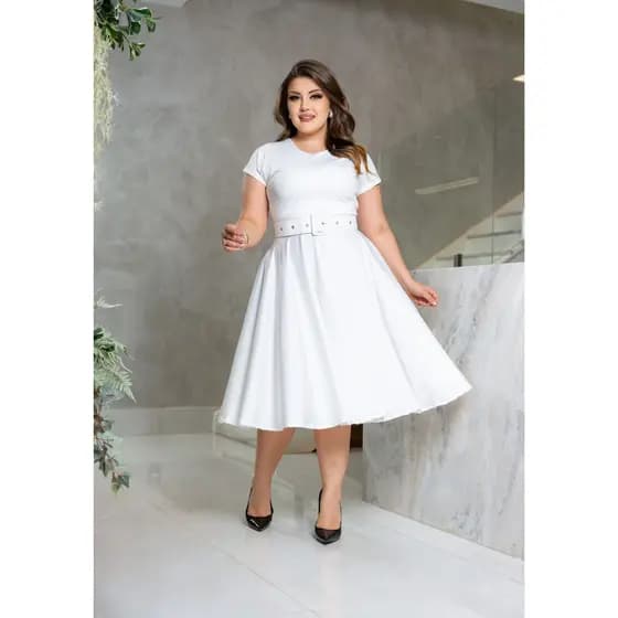 VESTIDO MIDI GODÊ BRANCO LISO COM CINTO MODA FEMININA ELEGANTE