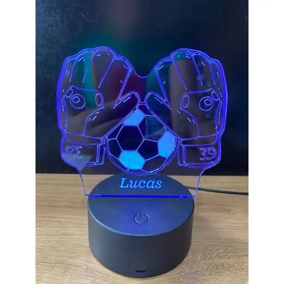 Luminária 3d Goleiro, Bola de futebol e Luvas. Abajur para quartos 3d com nome gravado