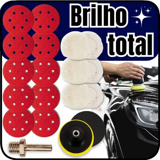 Kit Polimento Automotivo Politriz Boina De Lã Suporte Adaptador Disco de Lixa 15 Peças No Total