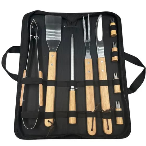 Kit Churrasco Profissional 9 Peças Inox Madeira + Bolsa Utensílios Cozinha Completo Premium Faca Garfo Pinça Faca Afiada