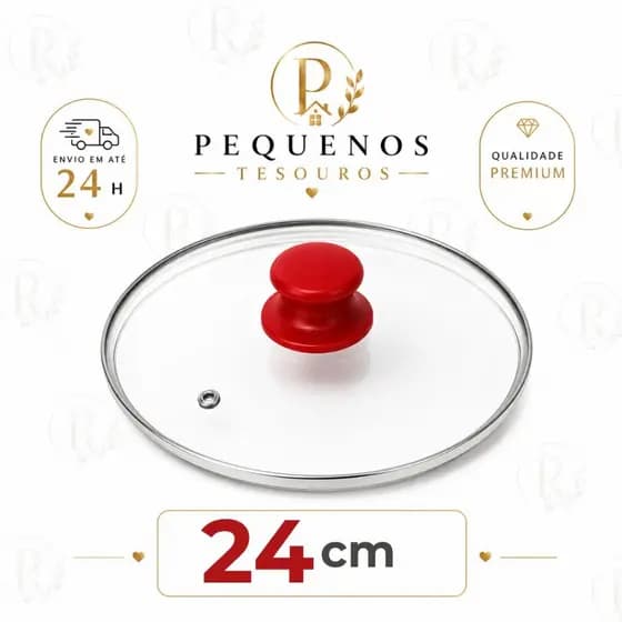TAMPA AVULSA DE VIDRO TEMPERADO 24/25 CM PARA PANELAS E FRIGIDEIRAS- COM BORDA DE AÇO-POMEL PUXADOR VERMELHO |UNIVERSAL