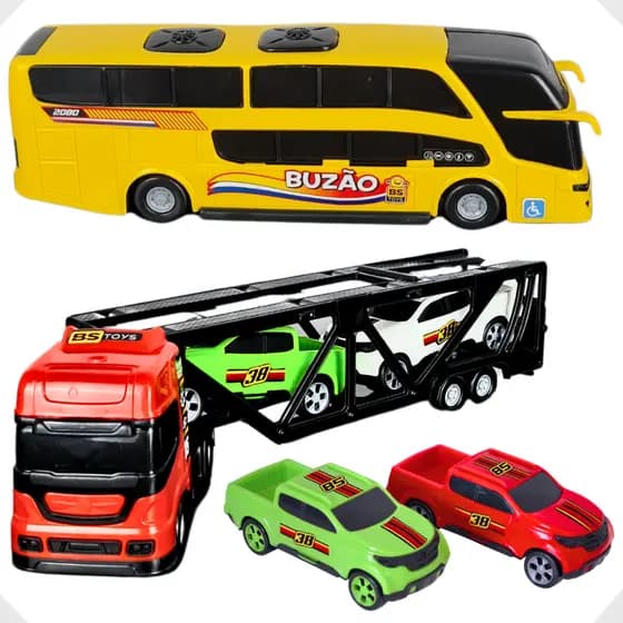 Carrinho Caminhão Cegonheiro 6 Peças com 4 carrinhos 1 Buzão dois andares