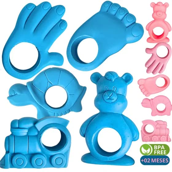 Kit Mordedor para Bebê Infantil Macio Silicone Gengiva Dentição Alivia Mãozinha Pezinho