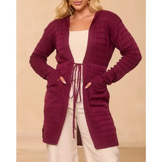 Cardigan Feminino Trico La Capuz Bolso Blusas Femininas