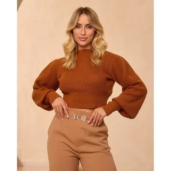 Blusa Cropped Feminina Manga Longa Bufante Tricot Básica