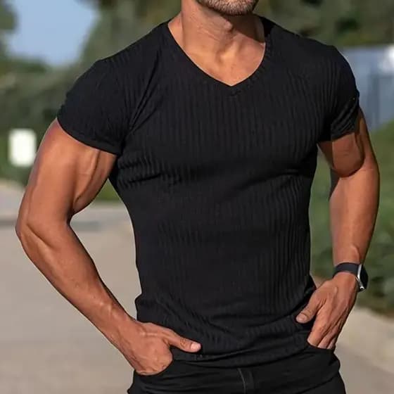 Camisa Canelada Americana Camiseta Gola V Masculina Slim Elastica Jf