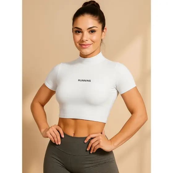 Cropped Térmico UV Gola alta Feminino manga curta Segunda Pele Treino Academia running