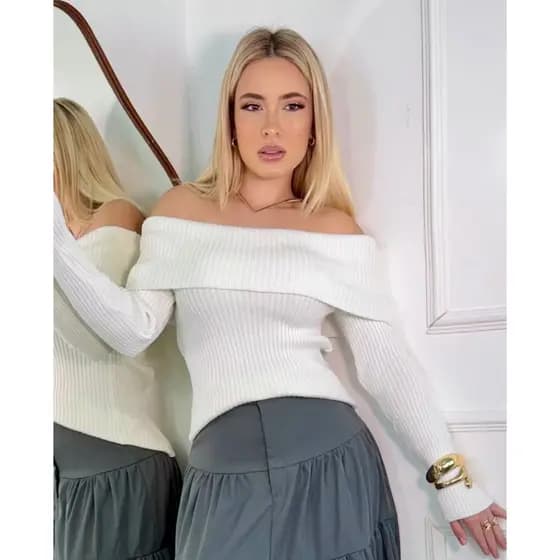 Blusa Feminina Ombro a Ombro em Tricô Modal Canelado – Manga Longa Elegante