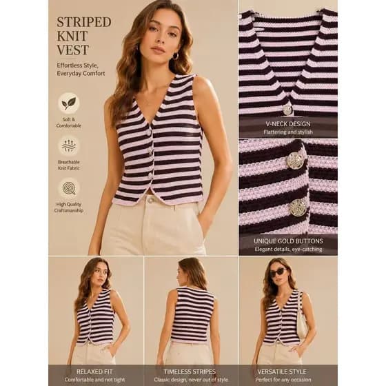 Colete Feminino Tricô Modal Listrado Curto com Botões Luxo