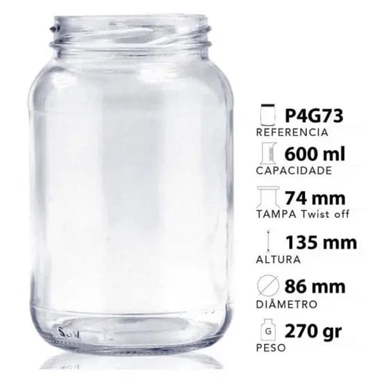 Kit com 24 potem De Vidro 600ml - Para Conserva, Geleia, Pote de Bolo, Salada, Compota