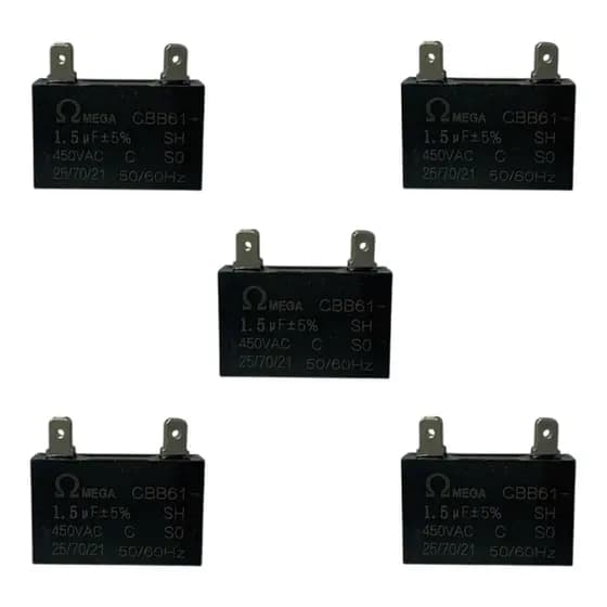 Kit com 5 Capacitores de Partida para Motor de Ventilador Ar Condicionado 1,5uFx450vca Omega