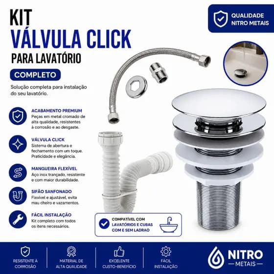 Kit Banheiro Engate Rabicho Flexível 40cm+ Valvula Ralo Click 7/8+ Sifão 72cm branco