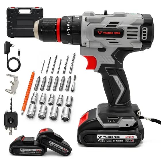 Kit 48V Parafusadeira Furadeira e Chave De Impacto 85 N.M Com 2 Baterias Completo Acessórios