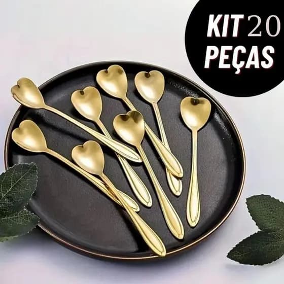 Kit 20 Colheres de Coração Douradas Aço Inox Colher para Café Chá Sobremesa Casamento e Festas