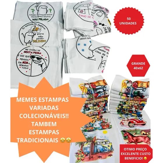 Pano de Prato estampado kit com 50 peças memes flork