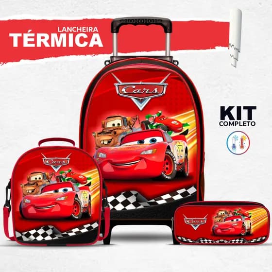 Kit Mochila Escolar Carros com Lancheira TÉRMICA e Estojo BOX - Rodinha - Menino - Masculino