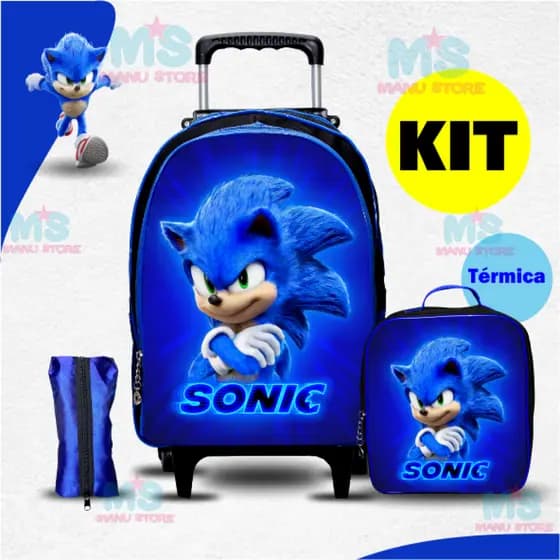 Mochila Escolar Sonic de Rodinhas Menino + Lancheira Térmica + Estojo