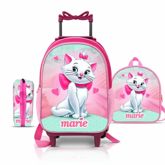 Kit Mochila escolar Gata Marie com Lancheira e Estojo - Carrinho de Rodinhas - Menina - Feminino