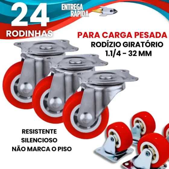 Kit 24 ou 12 Unidades Rodizios 32 mm 1.1/4 Para Carga Pesada Rodinha Giratória Mesa Moveis Vasos
