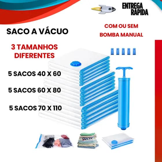 Kit 5 Sacos a Vácuo Organização de Roupas Mala Viagem 40x60 60x80 70x110 Com ou Sem Bomba Manual