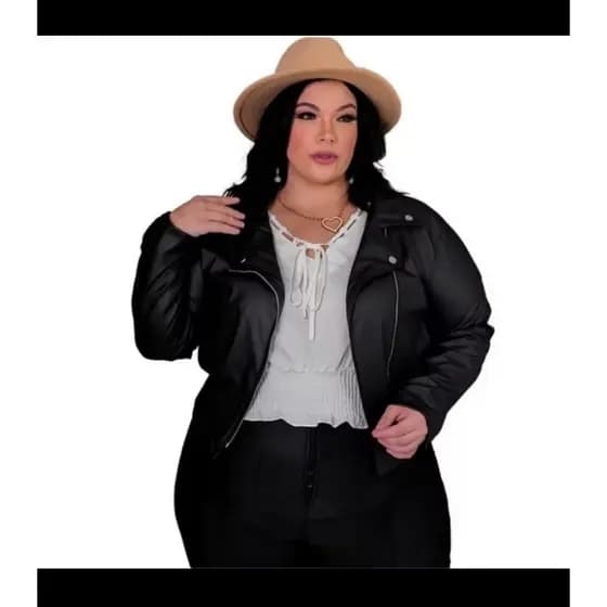 Jaqueta feminina plus size moda curve de couro Fake sintético con zíper transversal